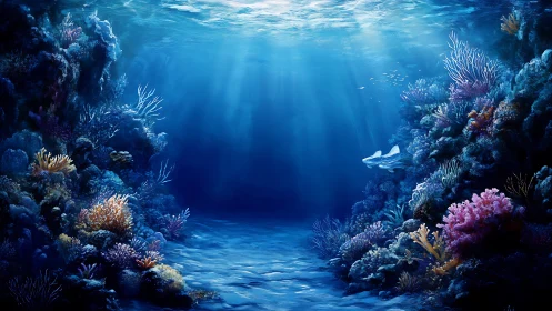 Sunlit underwater reef canyon with coral and lone shark.