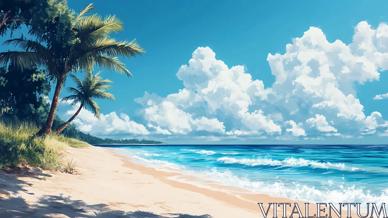 Tropical Shoreline with Palm and Cumulus Sky.