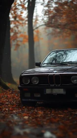 Classic BMW front view in wet autumn forest setting.