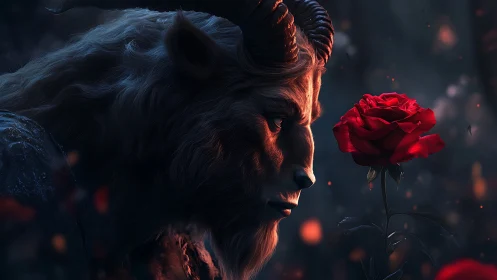 Cinematic side-lit horned beast studies vivid red rose bloom