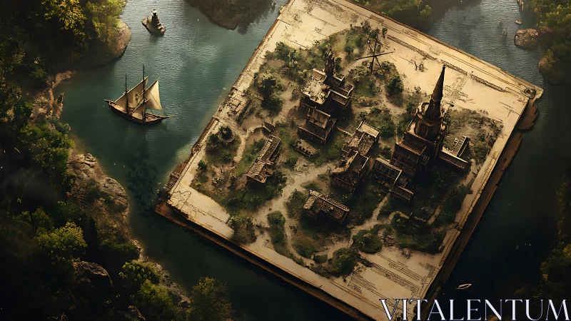 Ancient ruined city rising from giant open book in river.