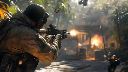 Tactical shooter engaging target in dense jungle compound.