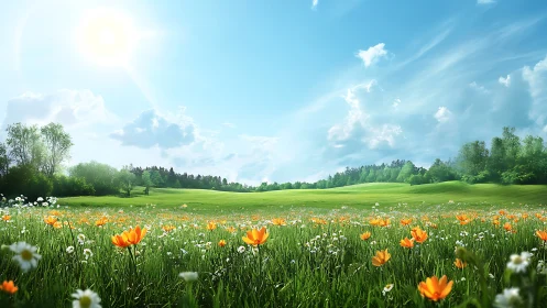 Sunny wildflower meadow under clear blue spring sky.