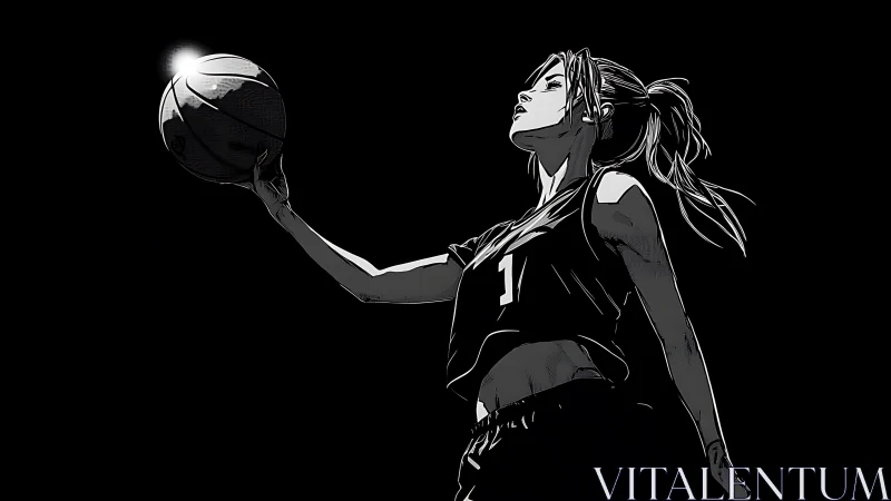 Monochrome anime illustration of female basketball player.