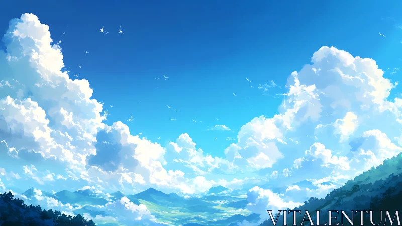 Towering summer clouds drift peacefully above green valleys