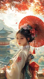 Elegant kimono maiden under red parasol in autumn temple garden