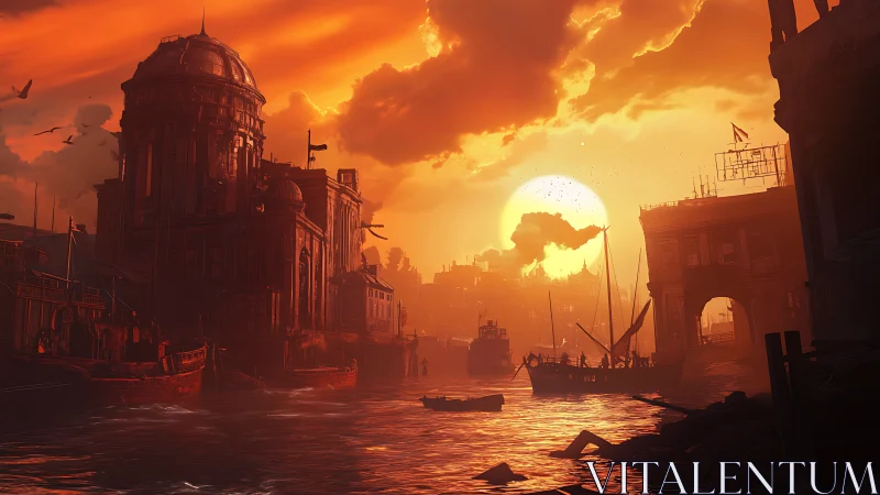 Fiery harbor sunset around domed waterfront cityscape.