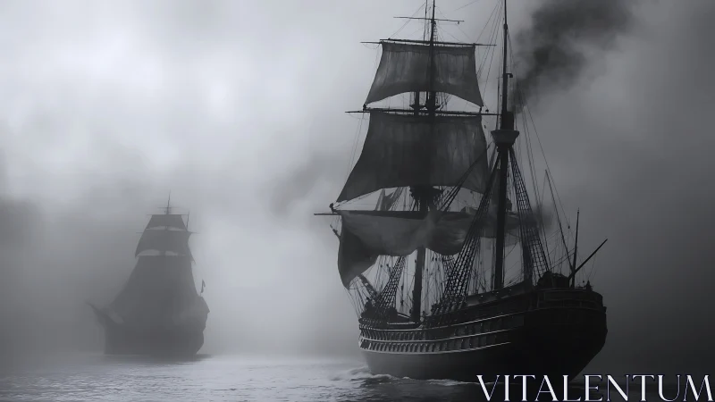 Twin-rigged tall ships emerging through dense maritime fog bank
