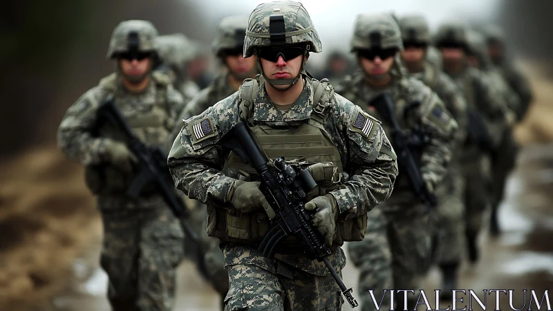 Armed soldiers march in formation through a misty training route