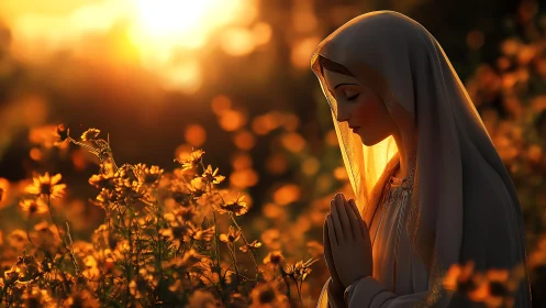 Gentle veiled woman prays softly amid golden sunset blooms