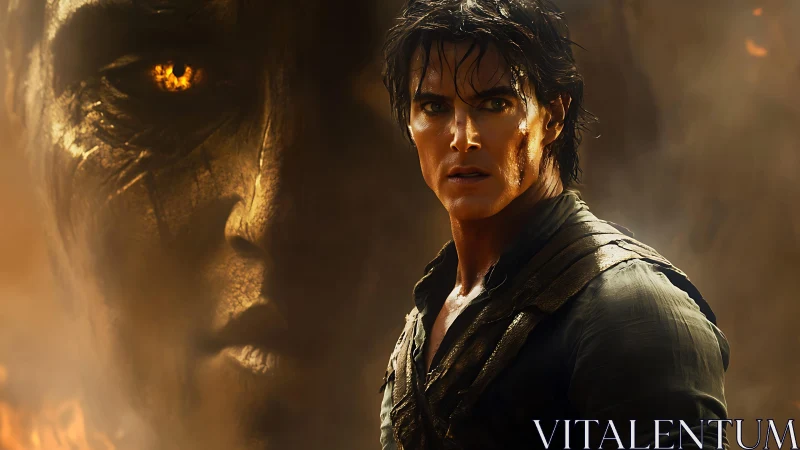 Warrior confronts fiery titan visage in molten dusk haze.