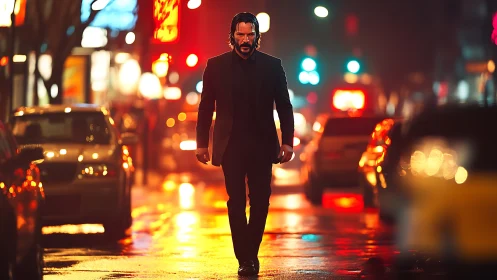 Rain-soaked urban night walker in cinematic neon glow.