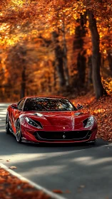 Photorealistic red supercar in autumn forest perspective study.