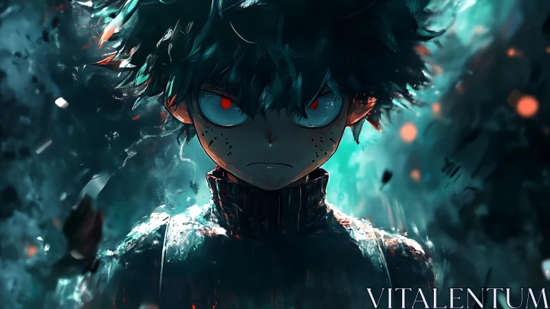 Intense anime boy with glowing red eyes in teal light.