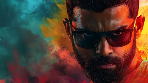 Intense bearded man in sunglasses against vivid color clouds