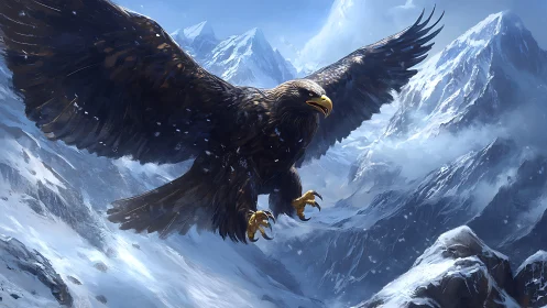 Majestic eagle soaring over snowy mountains in digital art style.