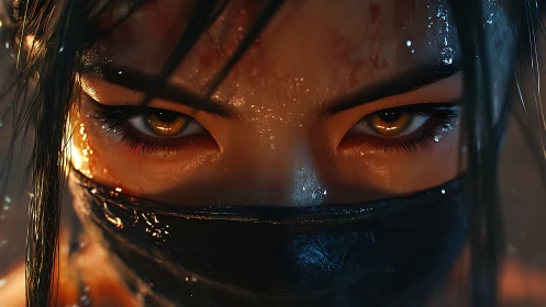Masked warrior eyes burn under cinematic wet lighting.