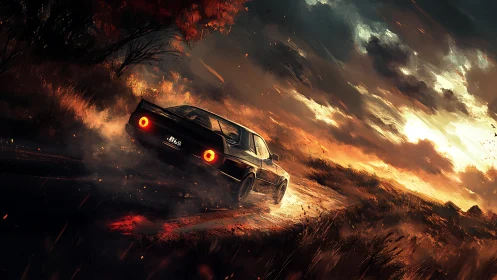Muscle car drifts through burning sunset storm over dirt road