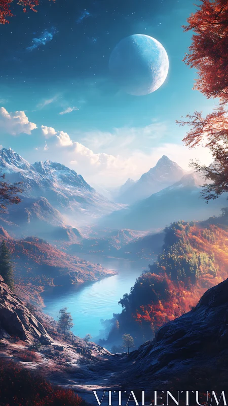 Mountain lake valley under large distant planet at dawn.