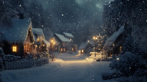 Snow-drowsy cottage lane under lanternlit winter hush.