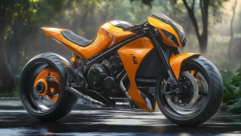 Sleek orange concept motorcycle rests on a misty forest road