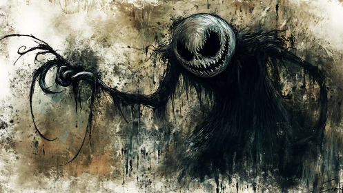 Shadow wraith with grinning skull face on decayed wall.