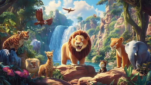 Animated wildlife assembly in jungle setting.