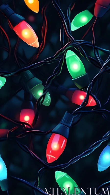 Colorful holiday string lights glow against deep shadows.
