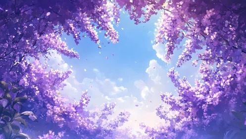 Purple flowering tree canopy framing clear sky view.