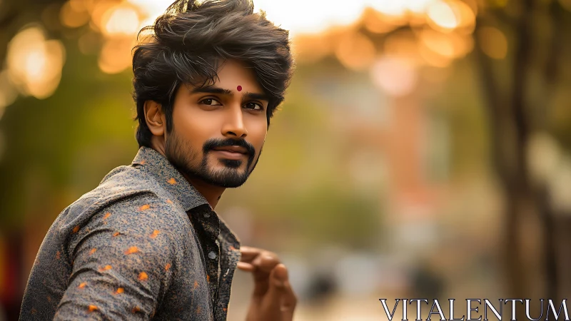 Man outdoors at golden hour with soft bokeh background.