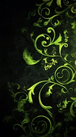 Green luminous vines curl over dark textured background.