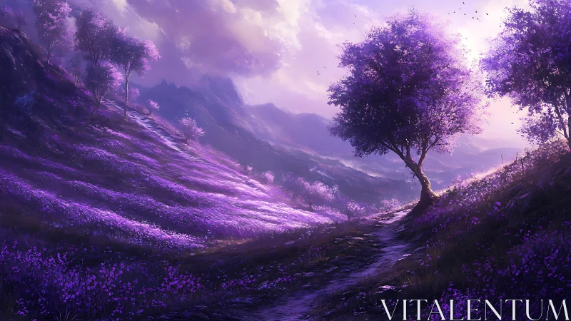 Lavender hillside valley glows under soft twilight sky