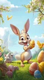 Joyful spring bunny sharing colorful Easter egg magic.