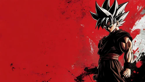 High-contrast anime warrior on splattered red field backdrop.