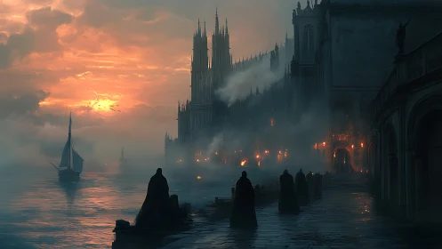 Twilight cloaked figures by a misty riverside citadel.