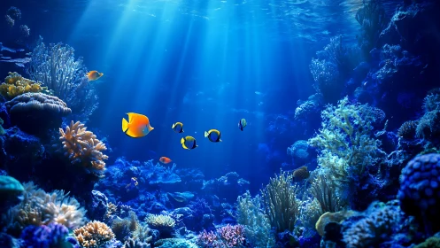 Tropical reef fish swim through dense coral under blue rays