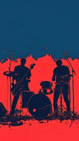 High-contrast duotone silhouette of live drum and bass duo
