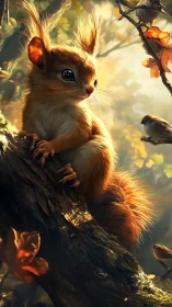 Young squirrel on forest tree with small songbirds nearby.