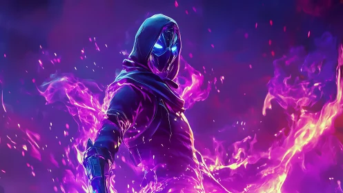 Mysterious hooded mage commands neon flames in vivid night glow