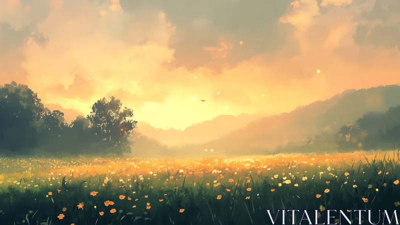 Golden meadow sunrise bathing wildflowers in gentle light.