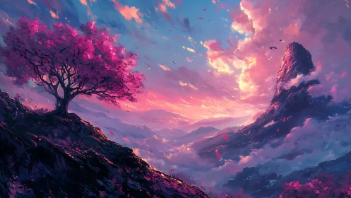 Crimson blossom tree above misty mountains at sunrise.