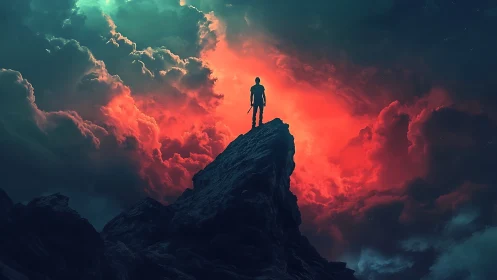 Lone dreamer standing beneath blazing cosmic sky.