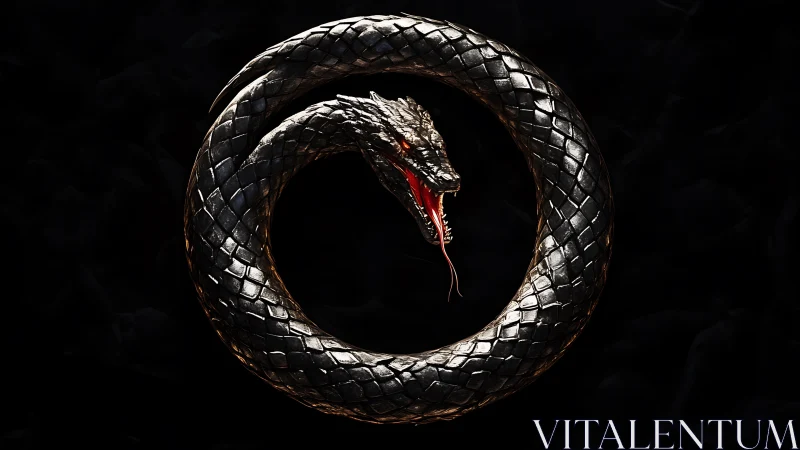 Coiled metallic dragon serpent forming dark ouroboros symbol.