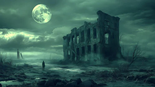 Moonlit ruin over desolate plain in eerie teal mist.