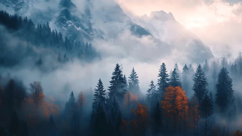 Misty pine forest glows beneath snowcapped dawn peaks.