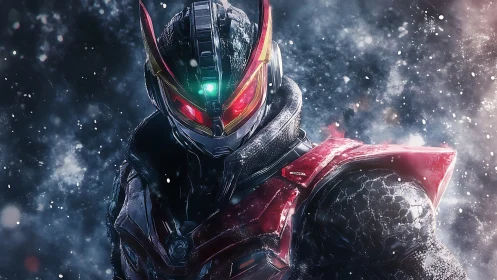 Cybernetic warrior in red armor under swirling snowfall.