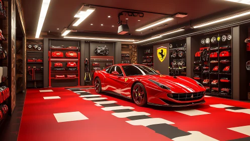 Red sports car is parked in organized automotive display garage