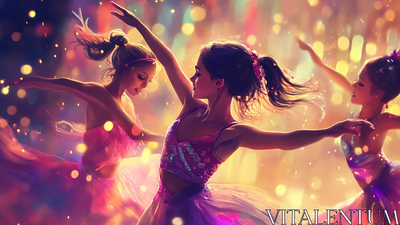 Three young ballerinas dancing in glowing colored light.