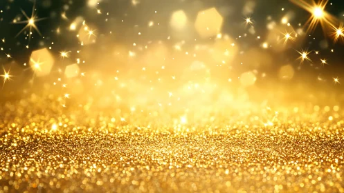 Golden glitter surface under glowing bokeh lights.