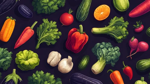 Colorful digital pattern of assorted fresh vegetables.